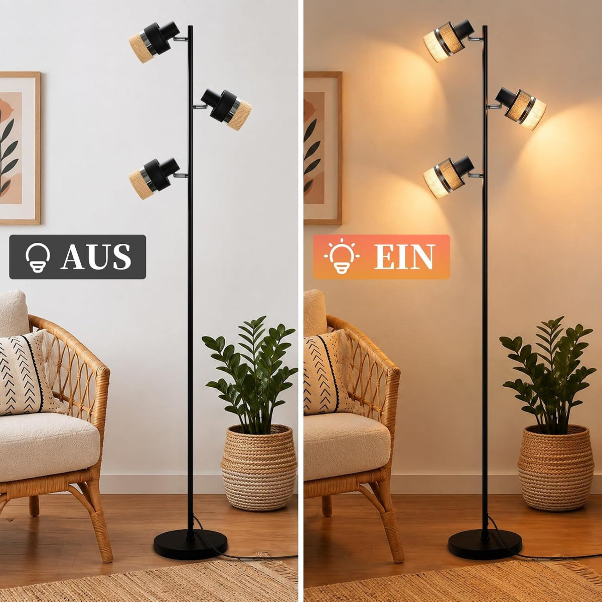 ZMH Stehlampe Wohnzimmer Stehleuchte Schwarz Vintage 3 Flammig E14