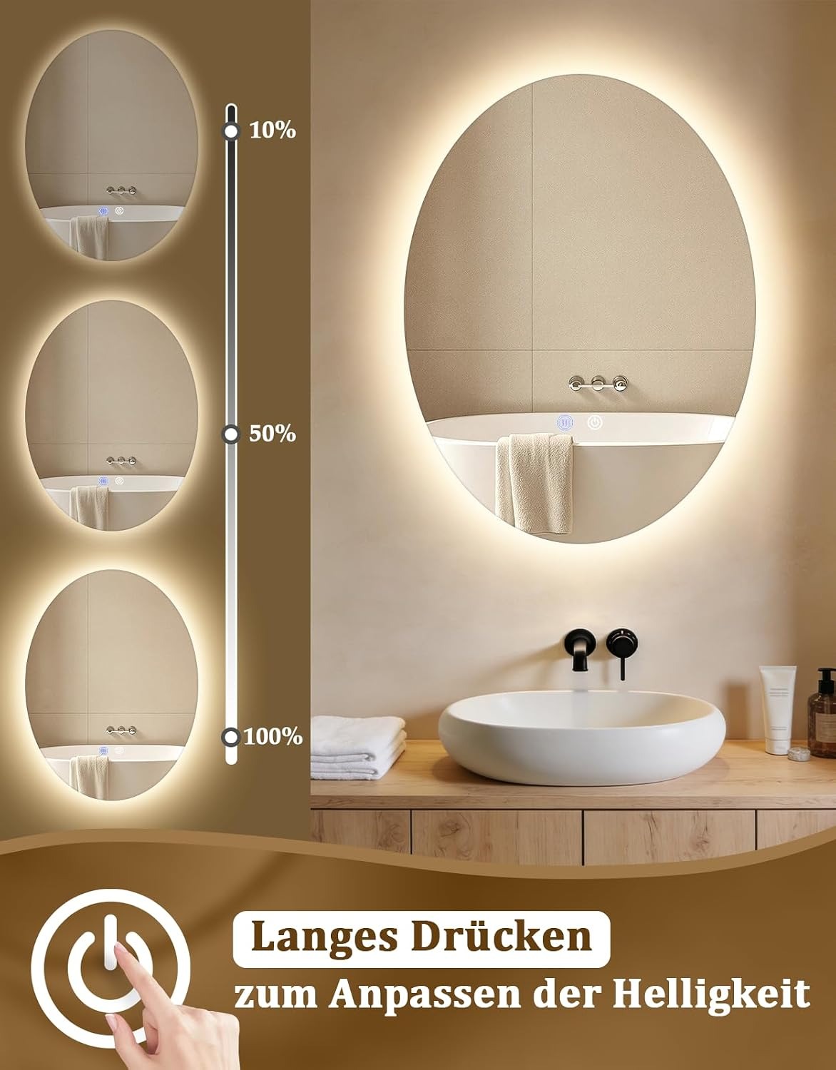 ZMH Oval Badspiegel Mit Beleuchtung,60x80 cm LED Bad Wand Spiegel Ovale