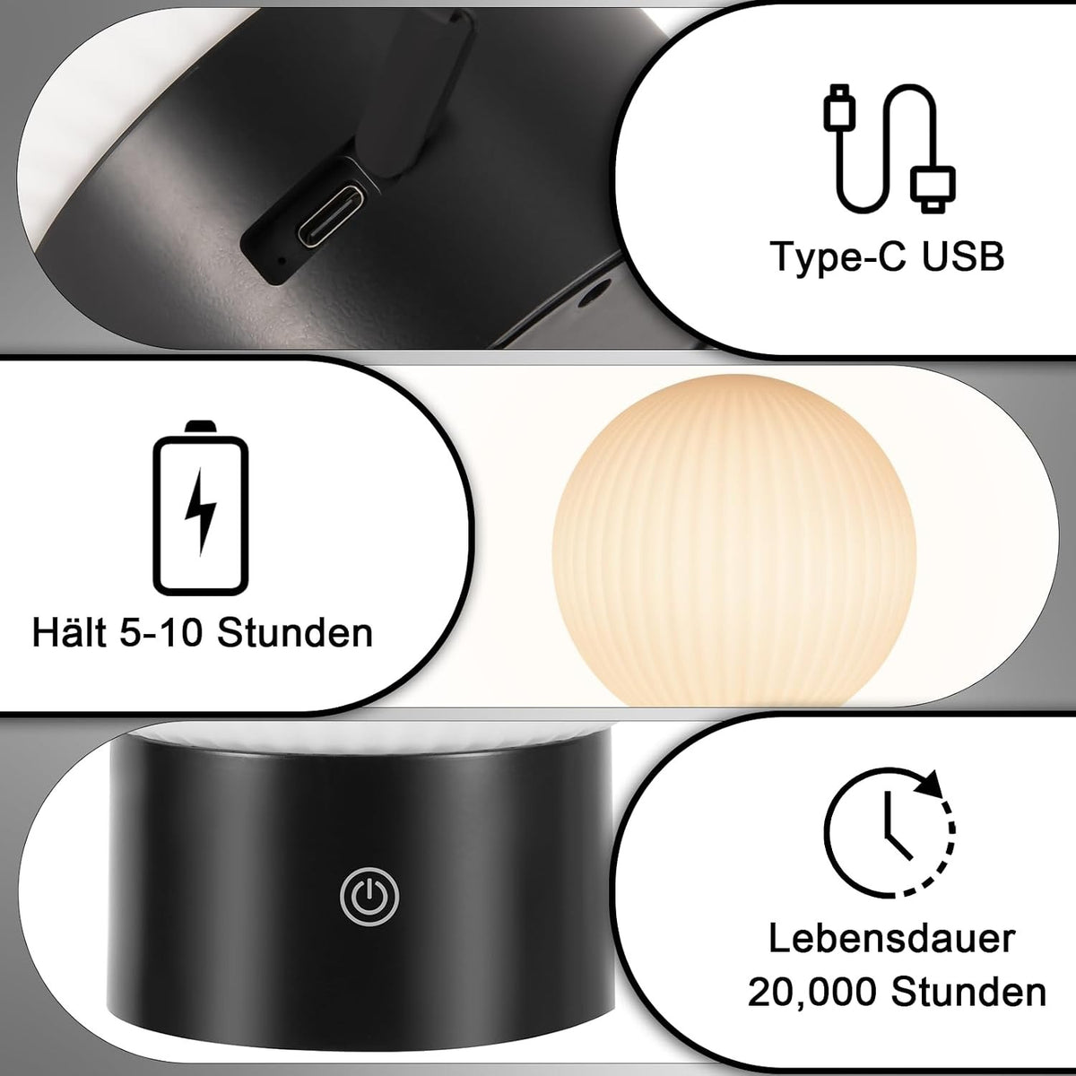 ZMH Tischlampe Kabellos Nachttischlampe LED Akku Tischleuchte Weiß Dimmbar