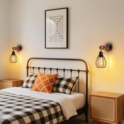 ZMH Wandleuchte mit Schalter Wandlampe Vintage: Holz Wandbeleuchtung Schwarz E27 industrial Wandstrahler aus Metall Retro Bettlampe für Wohnzimmer Schlafzimmer Flur Restaurant - Ohne Leuchtmittel