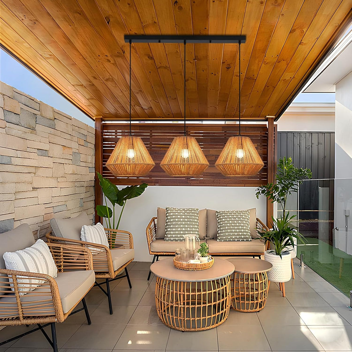 ZMH Pendelleuchte Boho Hängelampe Rattan Lampe Hängend Höhenverstellbar