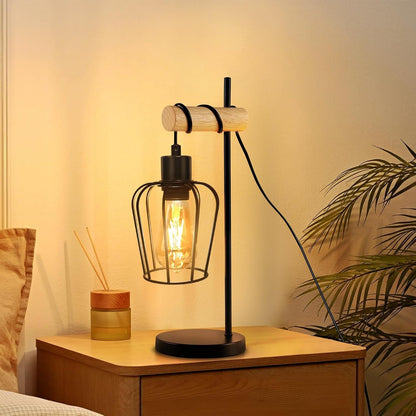 ZMH Tischlampe Wohnzimmer Holz Tischleuchte Vintage: Schwarz Nachttischlampe 1 flammig im Industrial Design aus Metall E27 Fassung Retro Nachttischleuchte