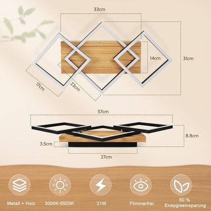ZMH LED Deckenleuchte Holz Deckenlampe Wohnzimmer Dimmbar 3 Eckige Modern