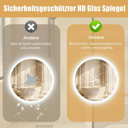 Badspiegel mit Beleuchtung Badezimmerspiegel Rund - Runder 50cm Bad Spiegel mit Beleuchtet LED Badezimmer Rundspiegel mit Licht Dimmbar Wandspiegel Touch-Schalter Entfogger-Funktion