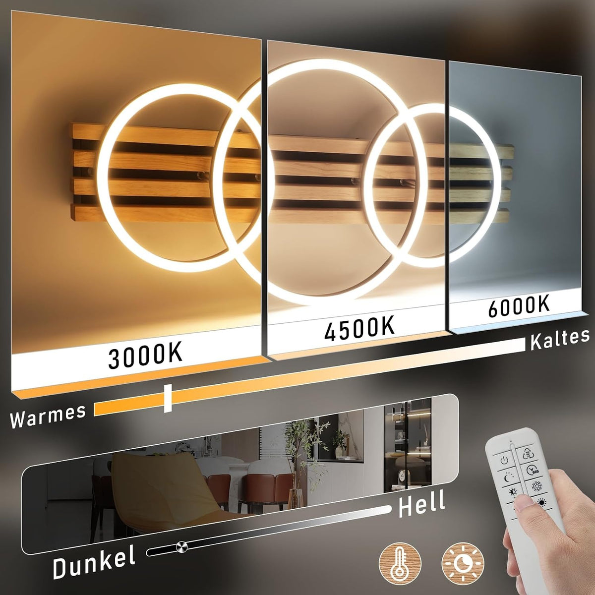 ZMH LED Deckenleuchte Dimmbar Holz Deckenlampe 70cm Wohnzimmerlampe Decke