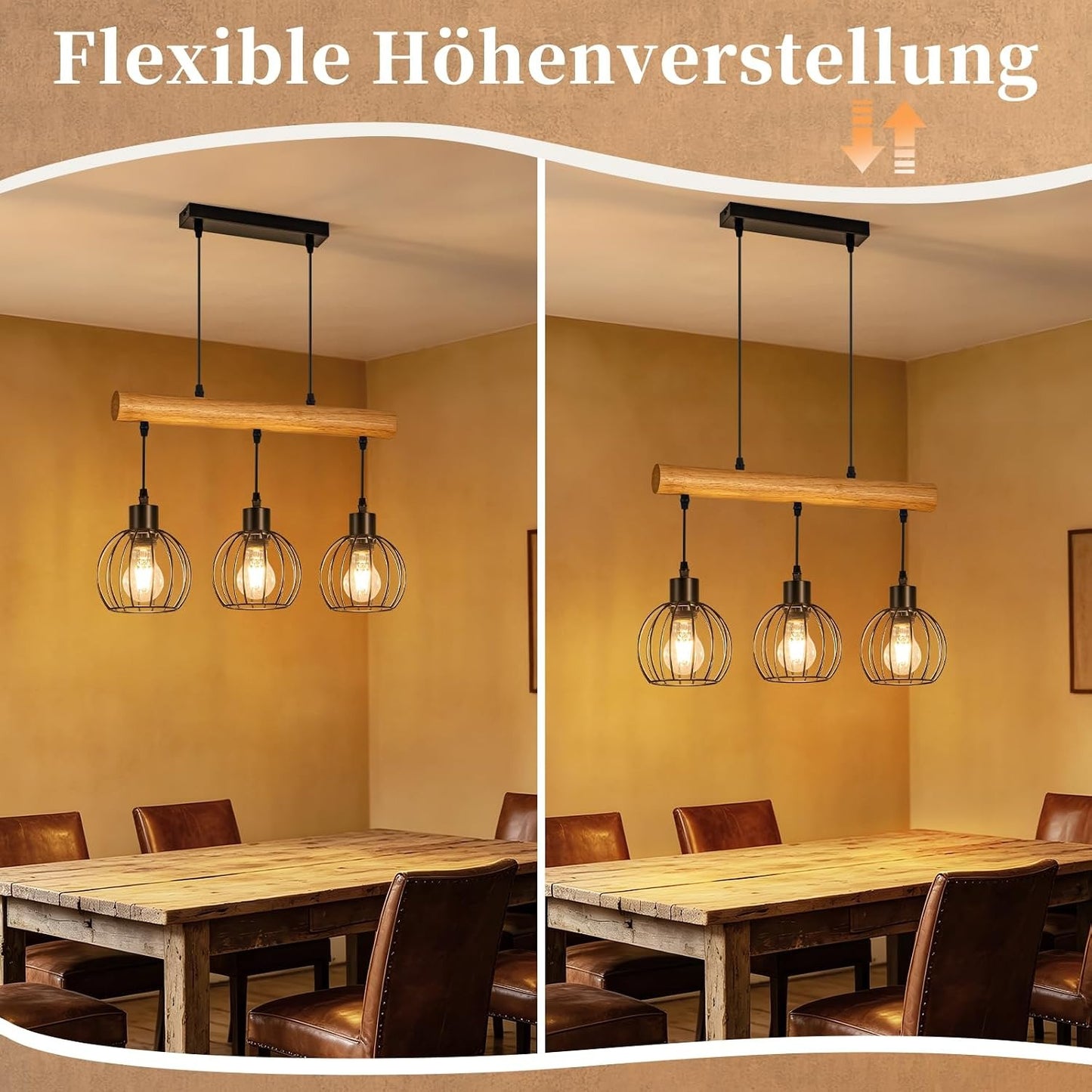 ZMH Pendelleuchte esstisch Holz Vintage E27 Hängelampe 3 flammig Industrial