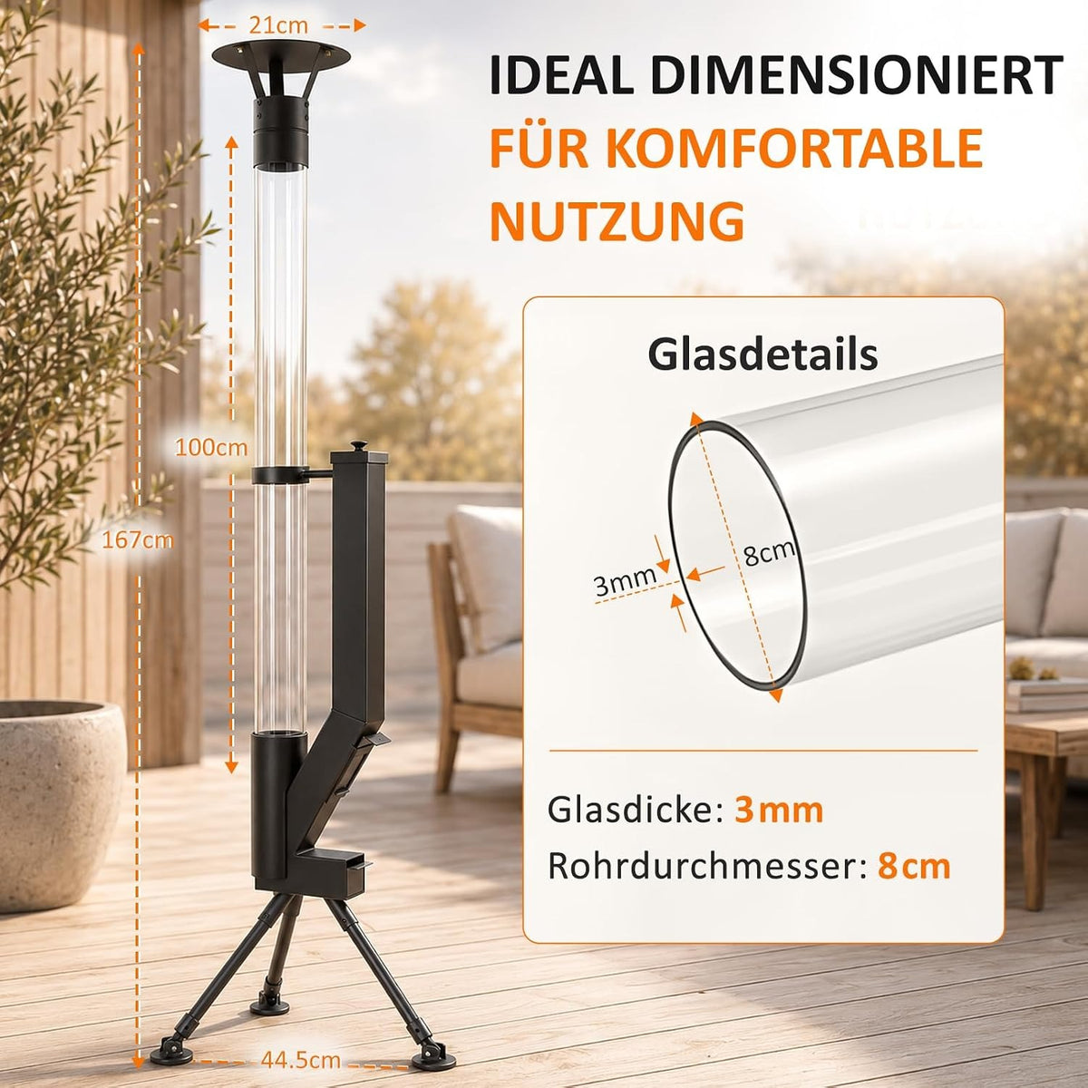 ZMH Pellet Terrassenheizer Outdoor Feuerrohr mit Glasrohr 167CM