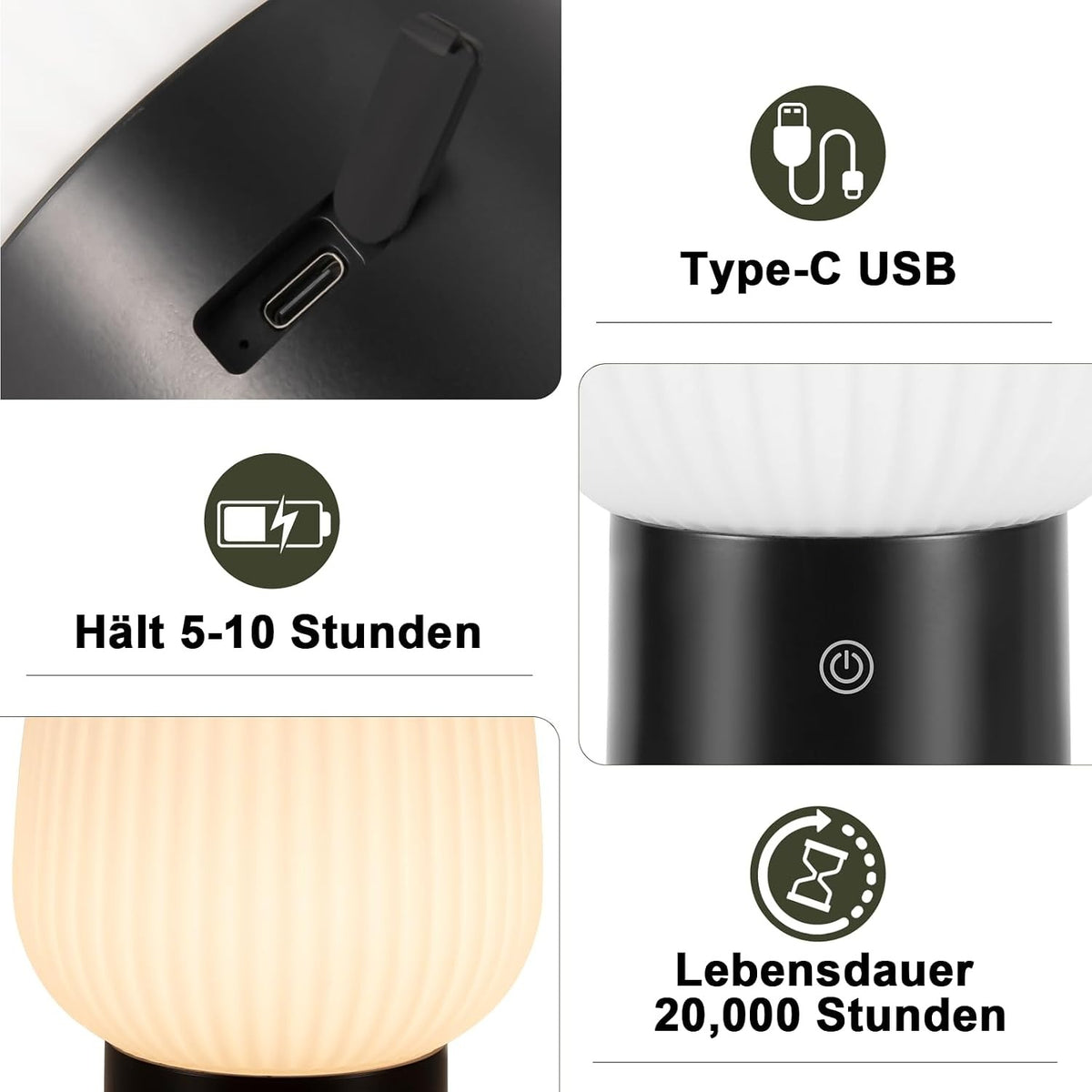 ZMH Nachttischlampe LED Tischlampe Akku - Tischleuchte Kabellos Aufladbar