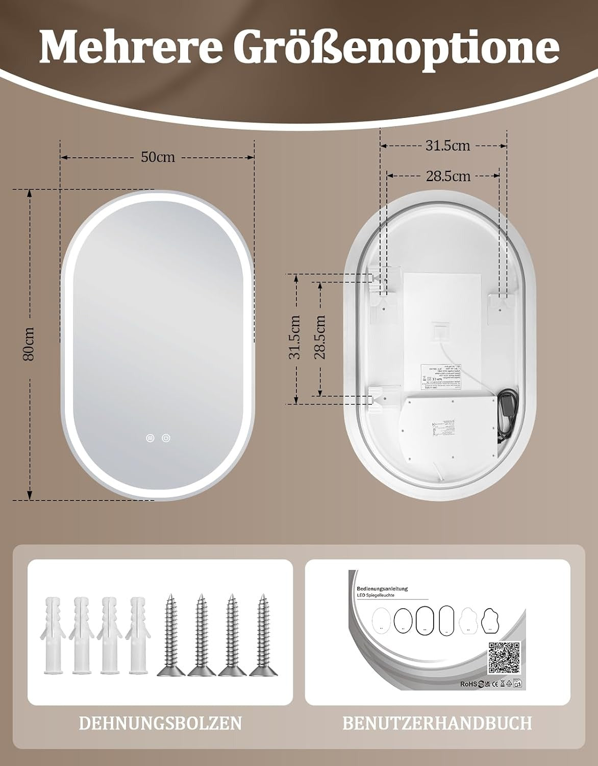 ZMH Oval Badspiegel Mit Beleuchtung,50x80 cm LED Bad Wand Spiegel Ovale