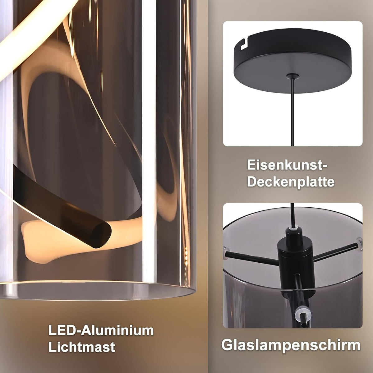 ZMH LED Hängelampe Esstisch 3-flammig 33W Hängelampe aus Rauchglas