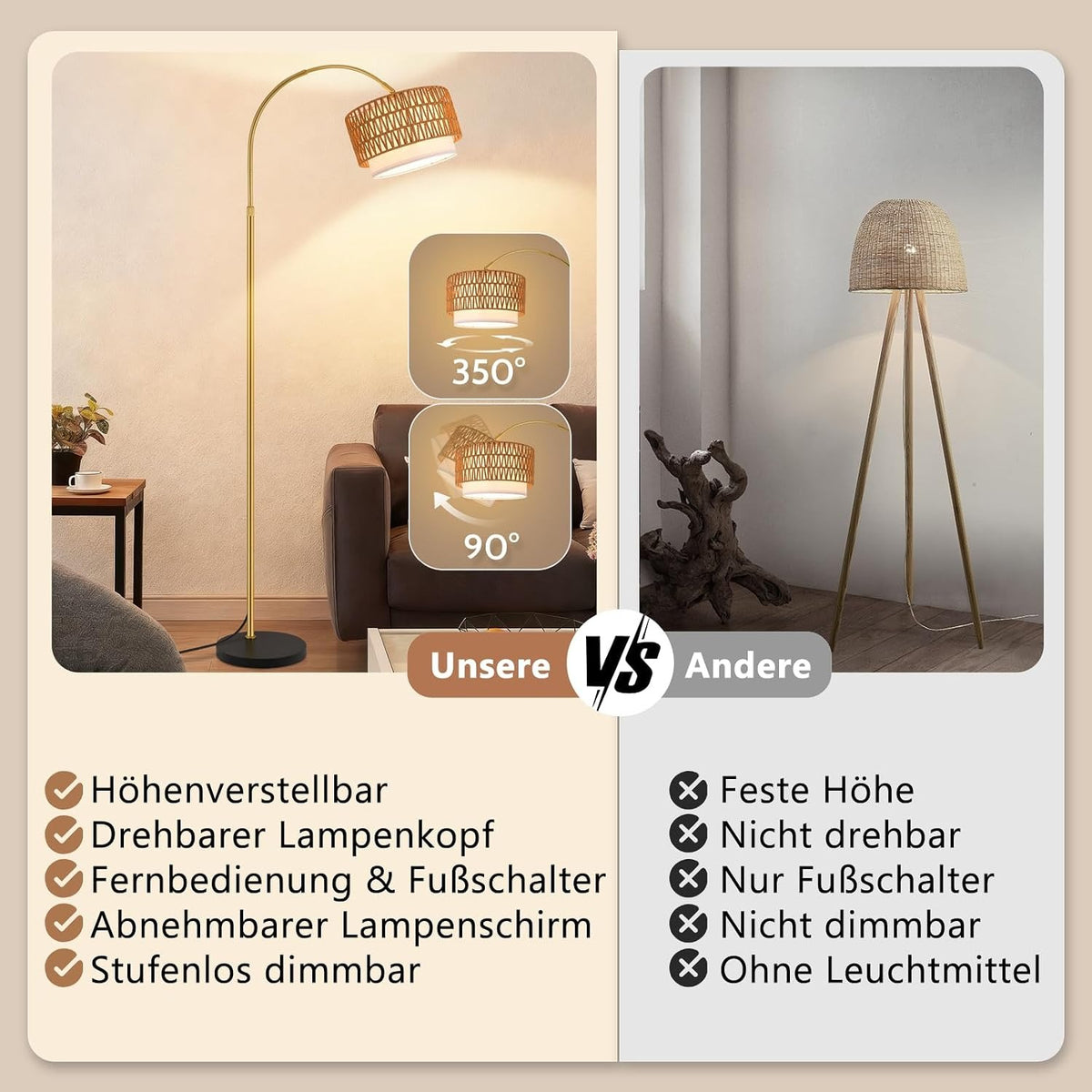 ZMH Gold Bogenlampe Wohnzimmer boho Stehlampe Rattan 3000K - 6500K