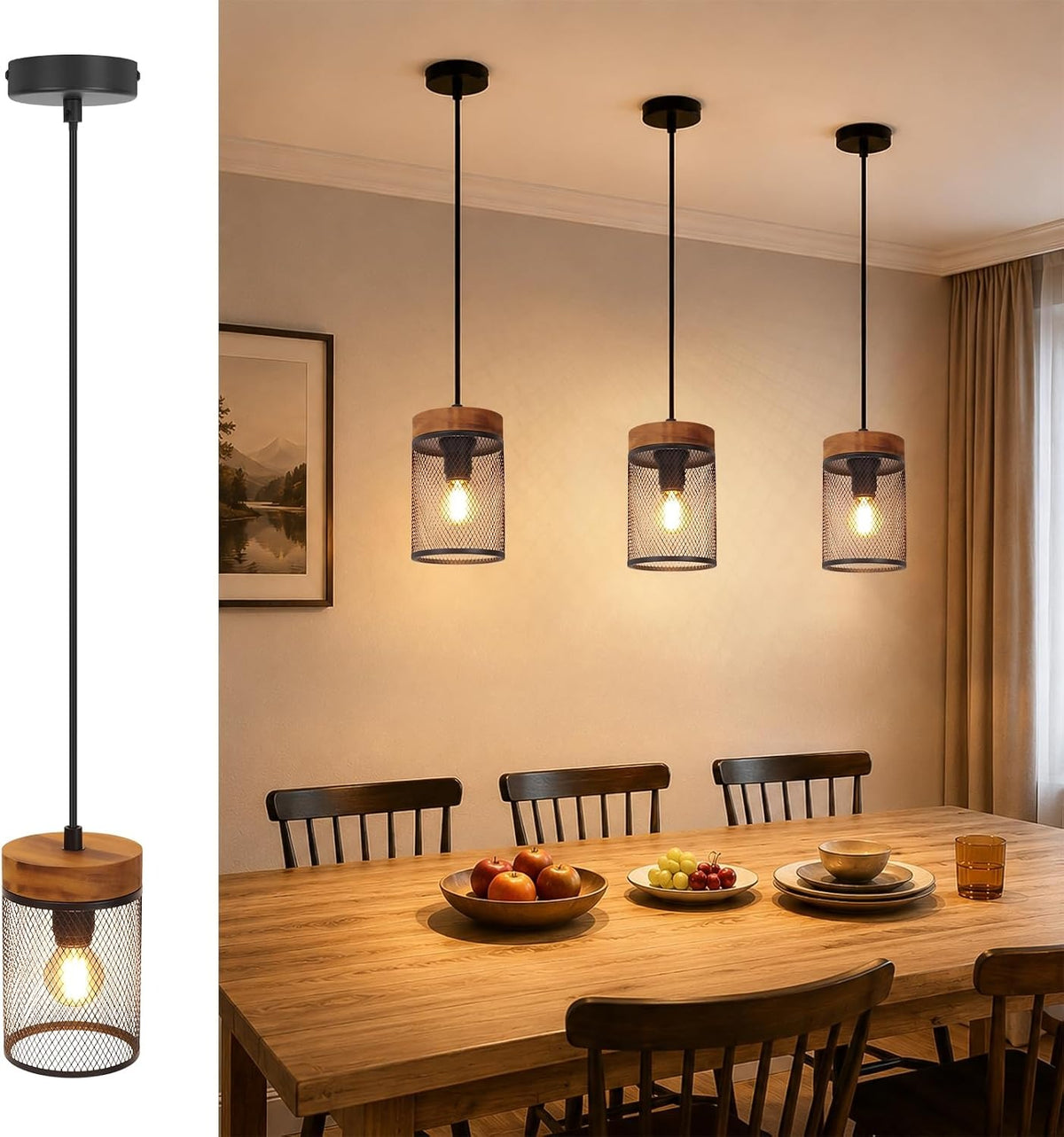 ZMH Vintage Hängelampe Holz Pendelleuchte esstisch 1-4 Flammig Esstischlampe