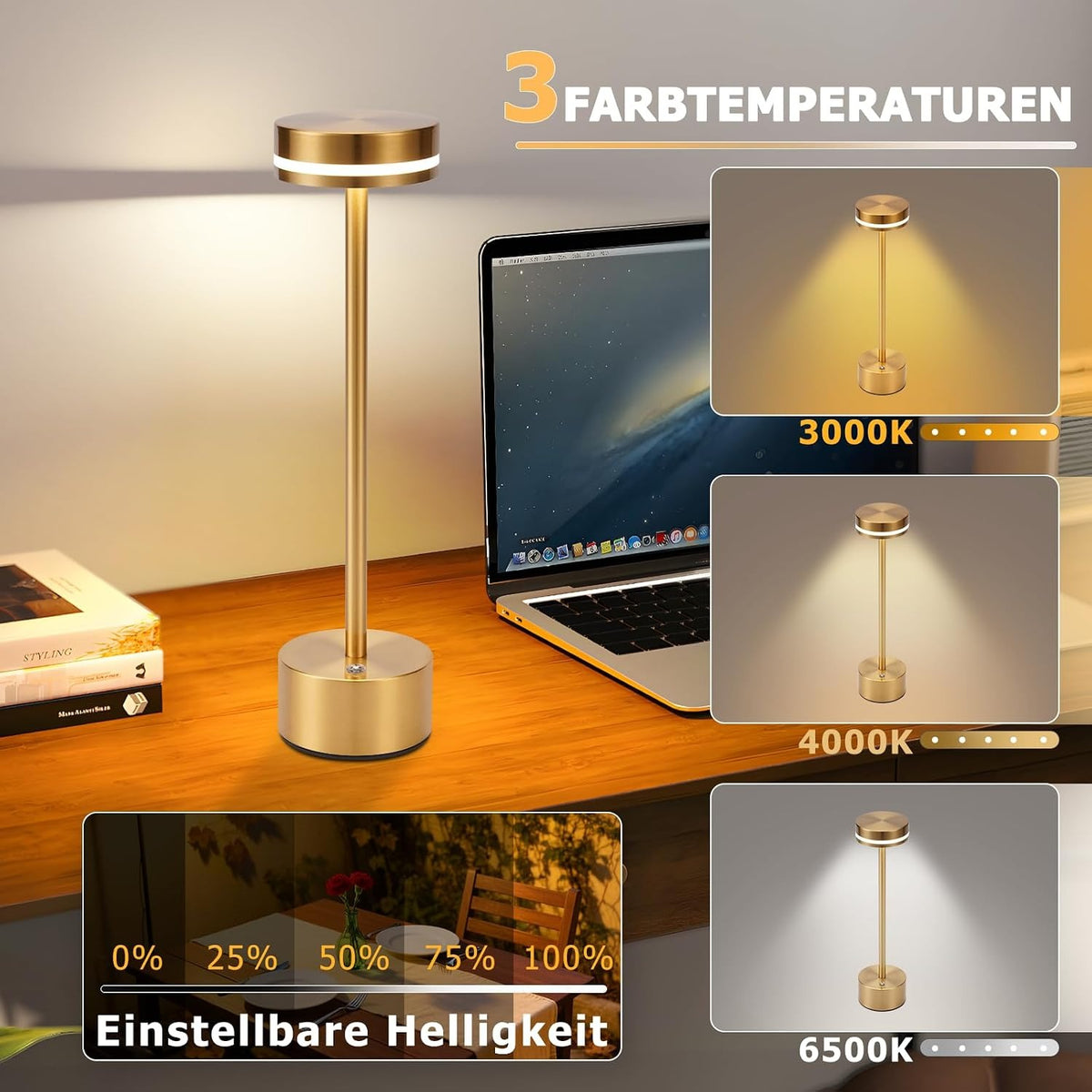 ZMH Tischlampe Akku LED Tischleuchte Kabellos - Nachttischlampe Dimmbare mit USB-C Aufladbar Batterie Touch Lampe Gold Tischlampen
