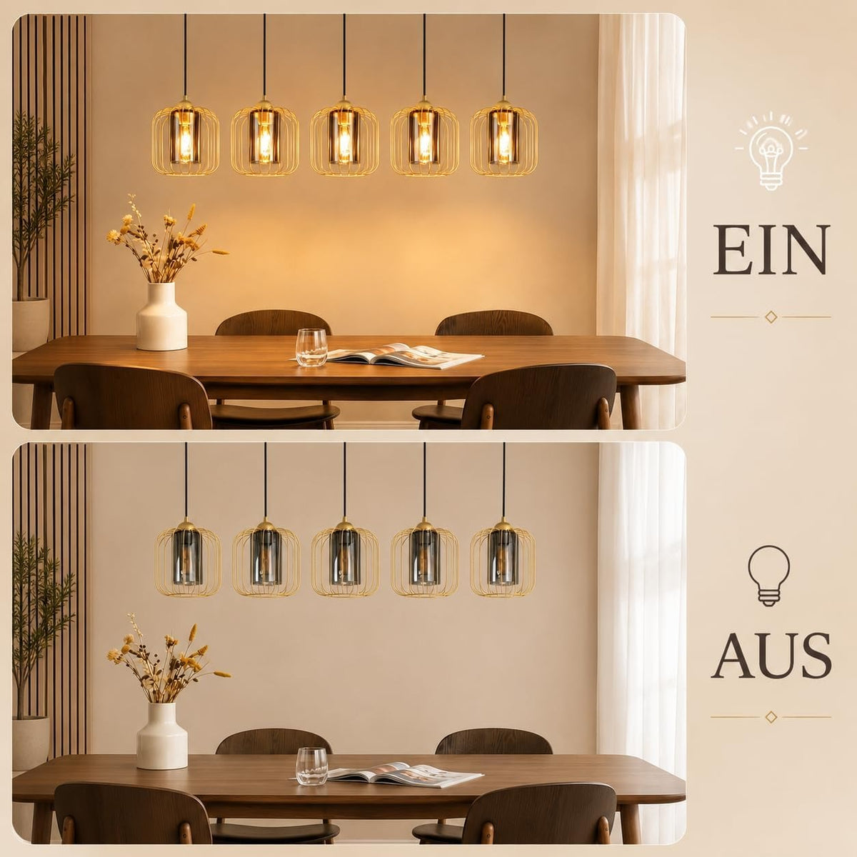 ZMH Pendelleuchte Esstisch Hängeleuchte Rauchgrauglas Vintage 100CM