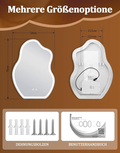 ZMH Asymmetrisch Badspiegel Mit Beleuchtung,60x80cm LED Bad Wandspiegel