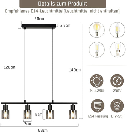 ZMH Hängelampe 4 flammig Pendelleuchte esstisch - Vintage Esstischlampe | hängend Schwarz industrial Hängeleuchte Glas E14 retro Esszimmerlampe Pendellampe für Esszimmer Küche (Ohne Leuchtmittel)