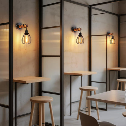 ZMH Wandleuchte mit Schalter Wandlampe Vintage: Holz Wandbeleuchtung Schwarz E27 industrial Wandstrahler aus Metall Retro Bettlampe für Wohnzimmer Schlafzimmer Flur Restaurant - Ohne Leuchtmittel