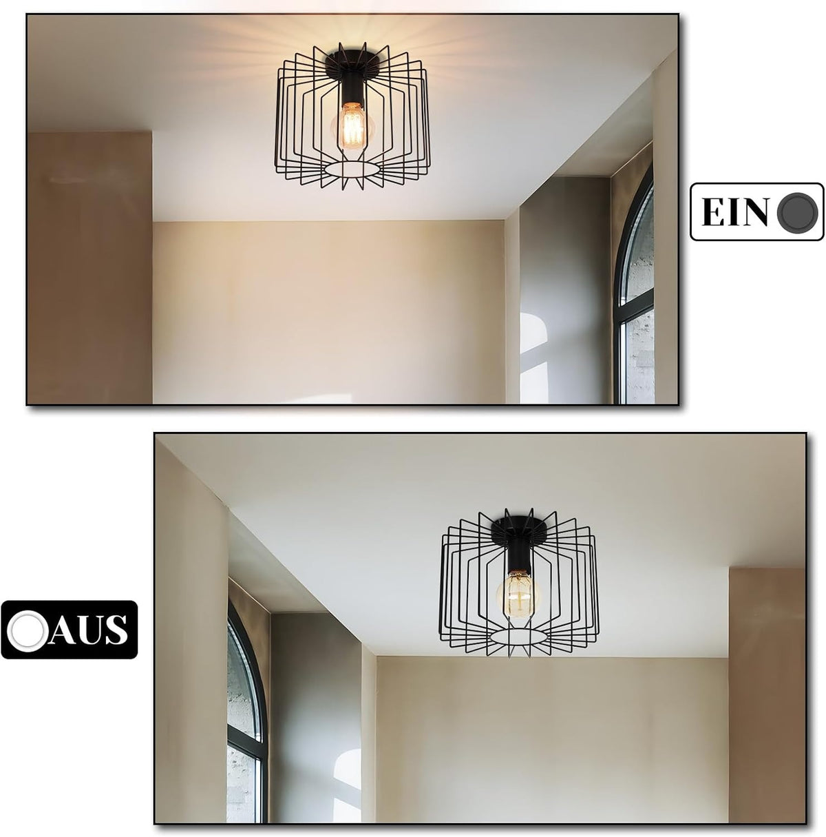 ZMH Deckenlampe Flur Deckenleuchte Vintage: Schwarz Metall Flurlampe Decke E27 Käfig Küchenlampe Retro Ø27CM Industrial Innen Deckenbeleuchtung für Küche Schlafzimmer Wohnzimmer Balkon Eingang
