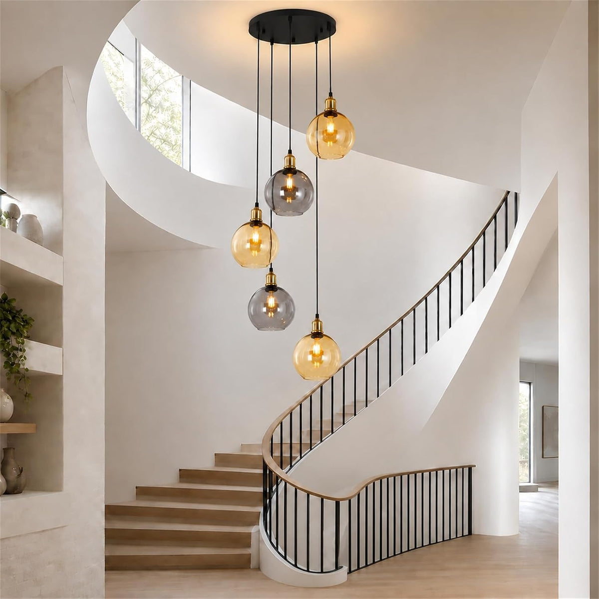 ZMH Pendelleuchte Esstisch Hängelampe Treppenhaus 5-Glaskugel 160cm o.LM