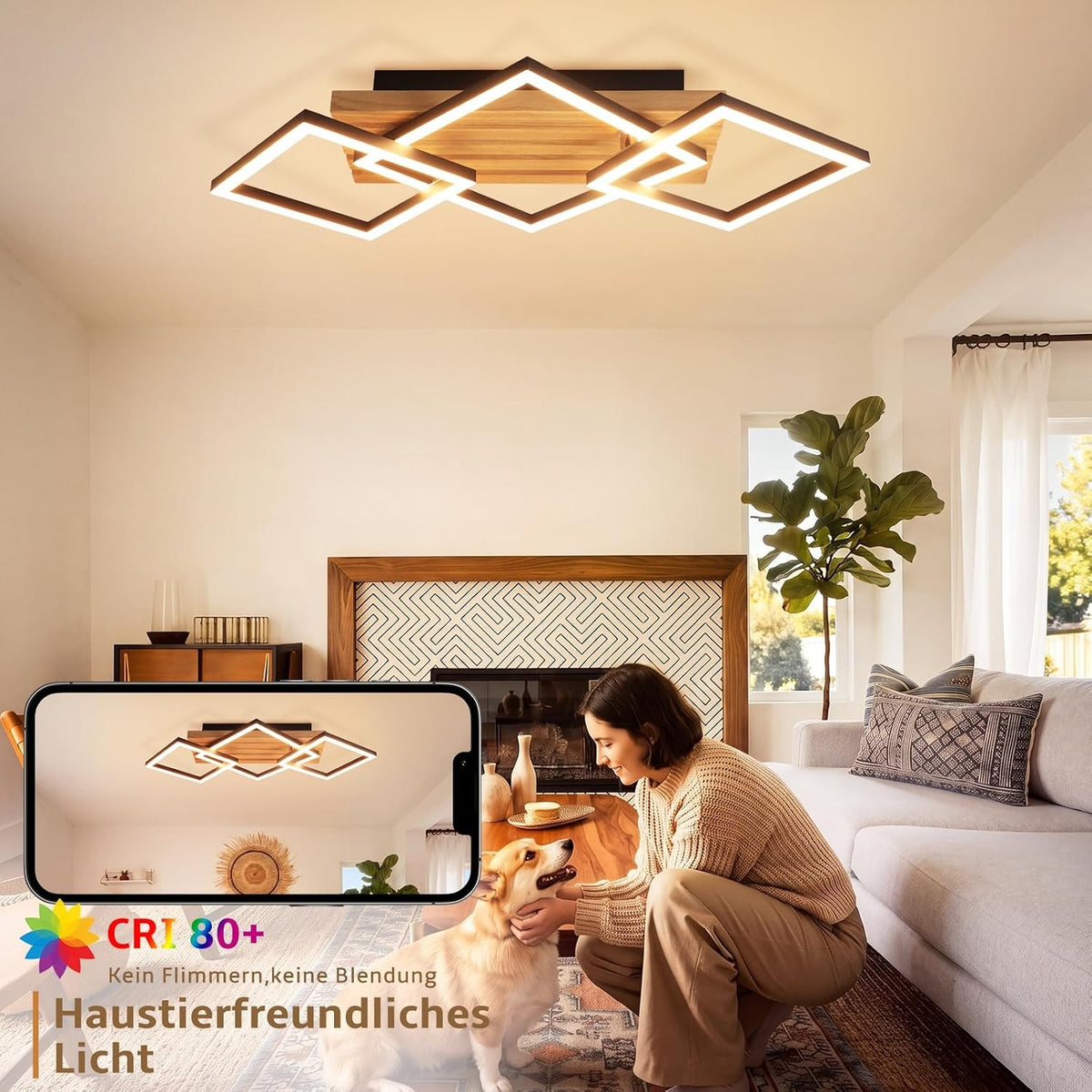 ZMH LED Deckenleuchte Holz Deckenlampe Wohnzimmer Dimmbar 3 Eckige Modern