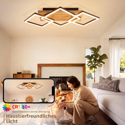 ZMH LED Deckenleuchte Holz Deckenlampe Wohnzimmer Dimmbar 3 Eckige Modern