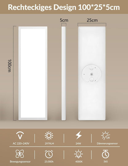 ZMH LED Deckenleuchte mit Bewegungsmelder innen 100x25cm LED Panel