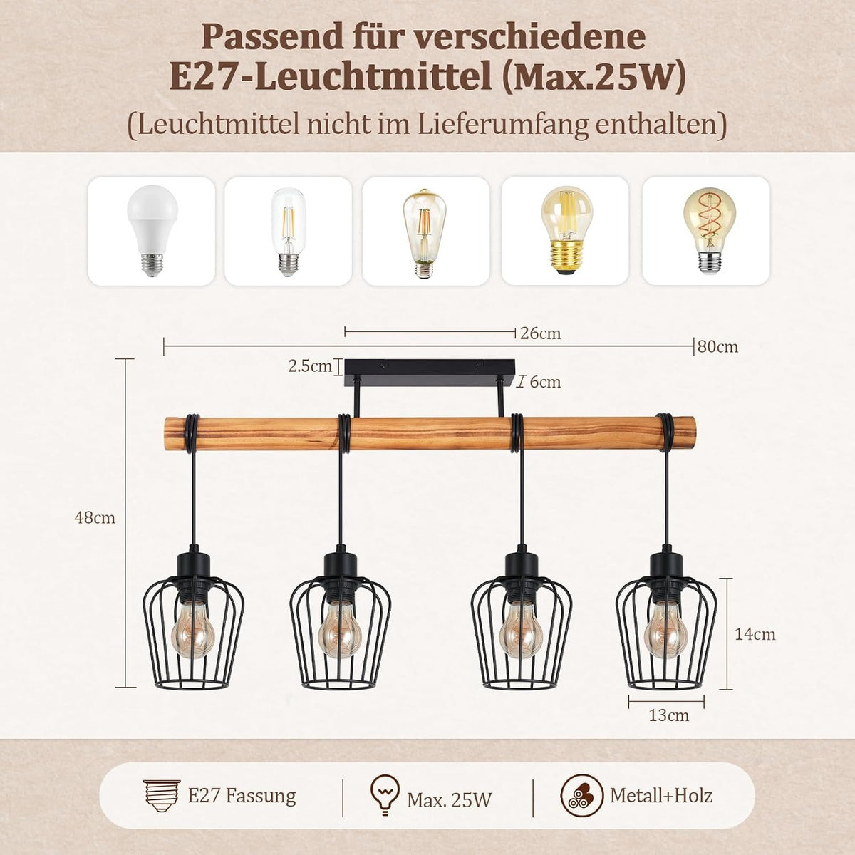 ZMH Vintage Deckenlampe Wohnzimmer Holz Deckenleuchte im Industrial Design