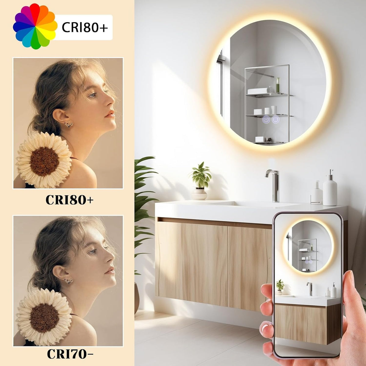 Badspiegel mit Beleuchtung Badezimmerspiegel Rund - Runder 50cm Bad Spiegel mit Beleuchtet LED Badezimmer Rundspiegel mit Licht Dimmbar Wandspiegel Touch-Schalter Entfogger-Funktion