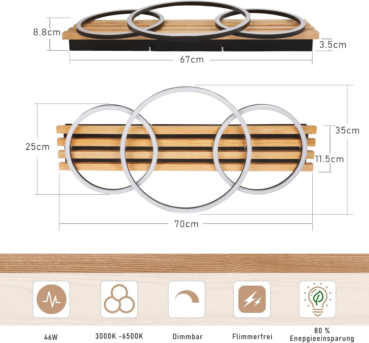 ZMH LED Deckenleuchte Dimmbar Holz Deckenlampe 70cm Wohnzimmerlampe Decke