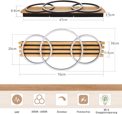 ZMH LED Deckenleuchte Dimmbar Holz Deckenlampe 70cm Wohnzimmerlampe Decke