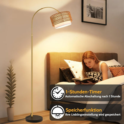 ZMH Gold Bogenlampe Wohnzimmer boho Stehlampe Rattan 3000K - 6500K