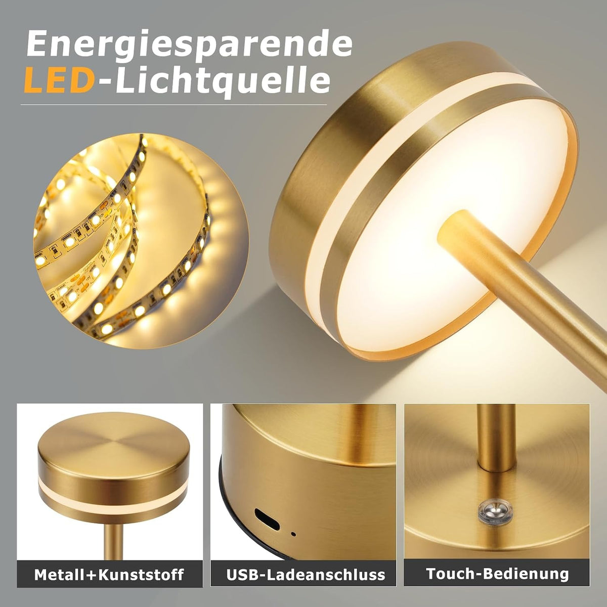 ZMH Tischlampe Akku LED Tischleuchte Kabellos - Nachttischlampe Dimmbare mit USB-C Aufladbar Batterie Touch Lampe Gold Tischlampen
