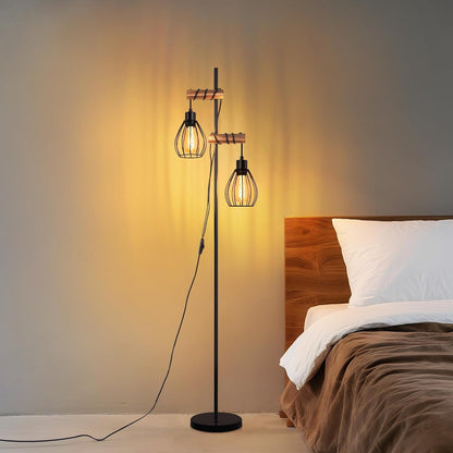 ZMH Vintage Stehlampe Holz Stehleuchte Wohnzimmer Schwarz aus Metall