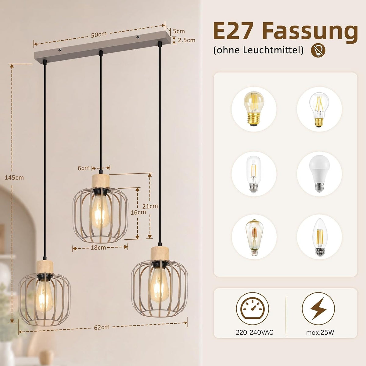 ZMH Pendelleuchte Esstisch 1-3 Flammig Modern Esszimmer Hängelampe E27