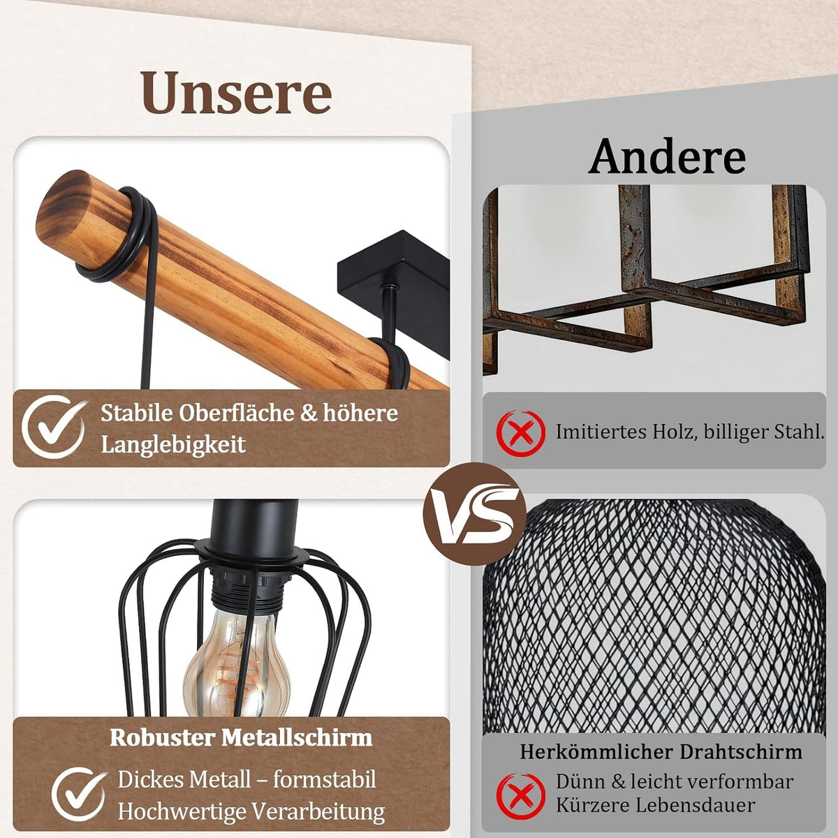 ZMH Vintage Deckenlampe Wohnzimmer Holz Deckenleuchte im Industrial Design