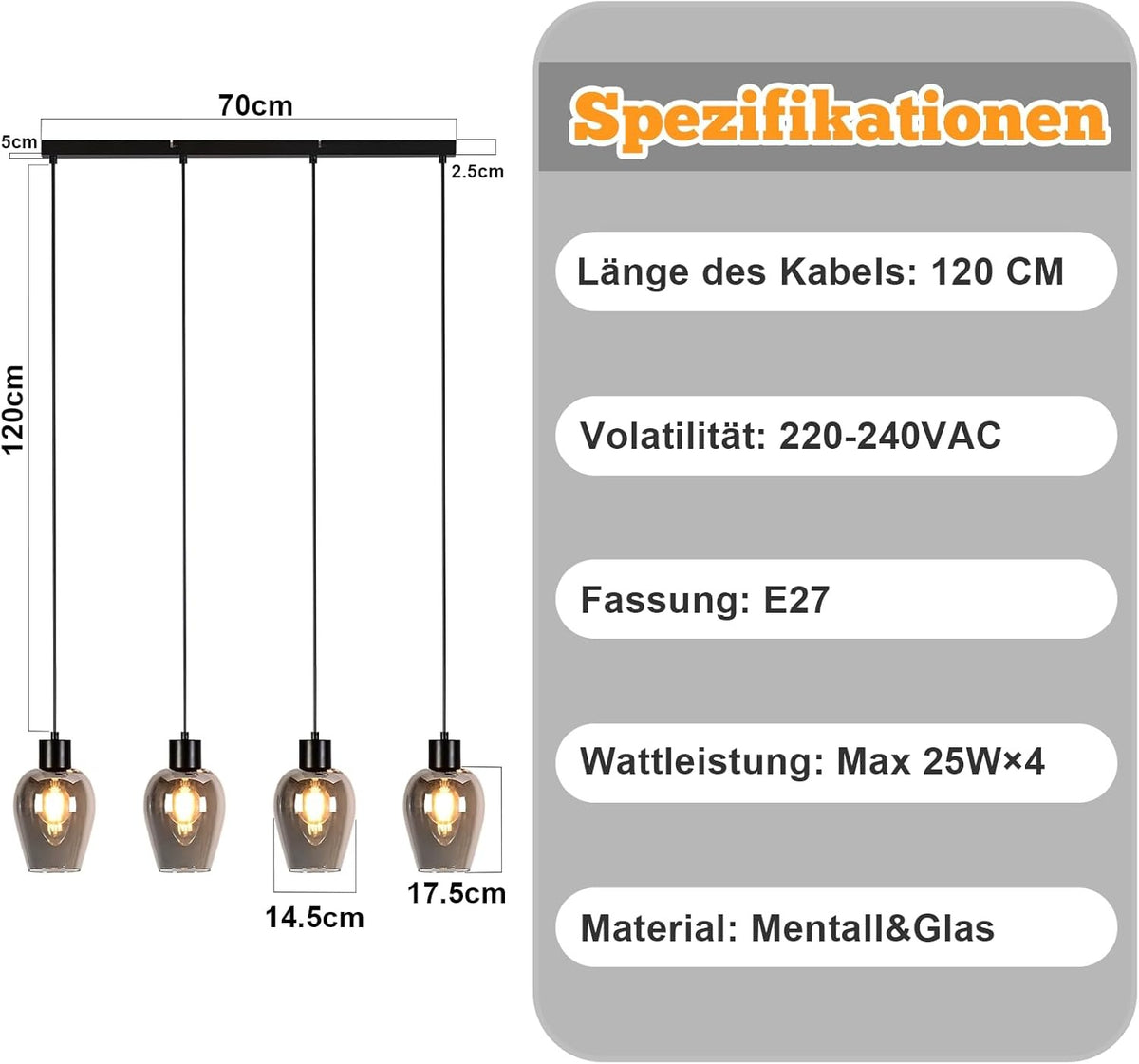 ZMH Pendelleuchte 4-1 Flammig Hängelampe Schwarz Pendellampe E27