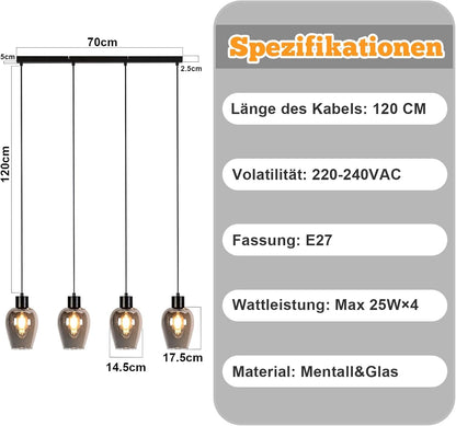 ZMH Pendelleuchte 4-1 Flammig Hängelampe Schwarz Pendellampe E27