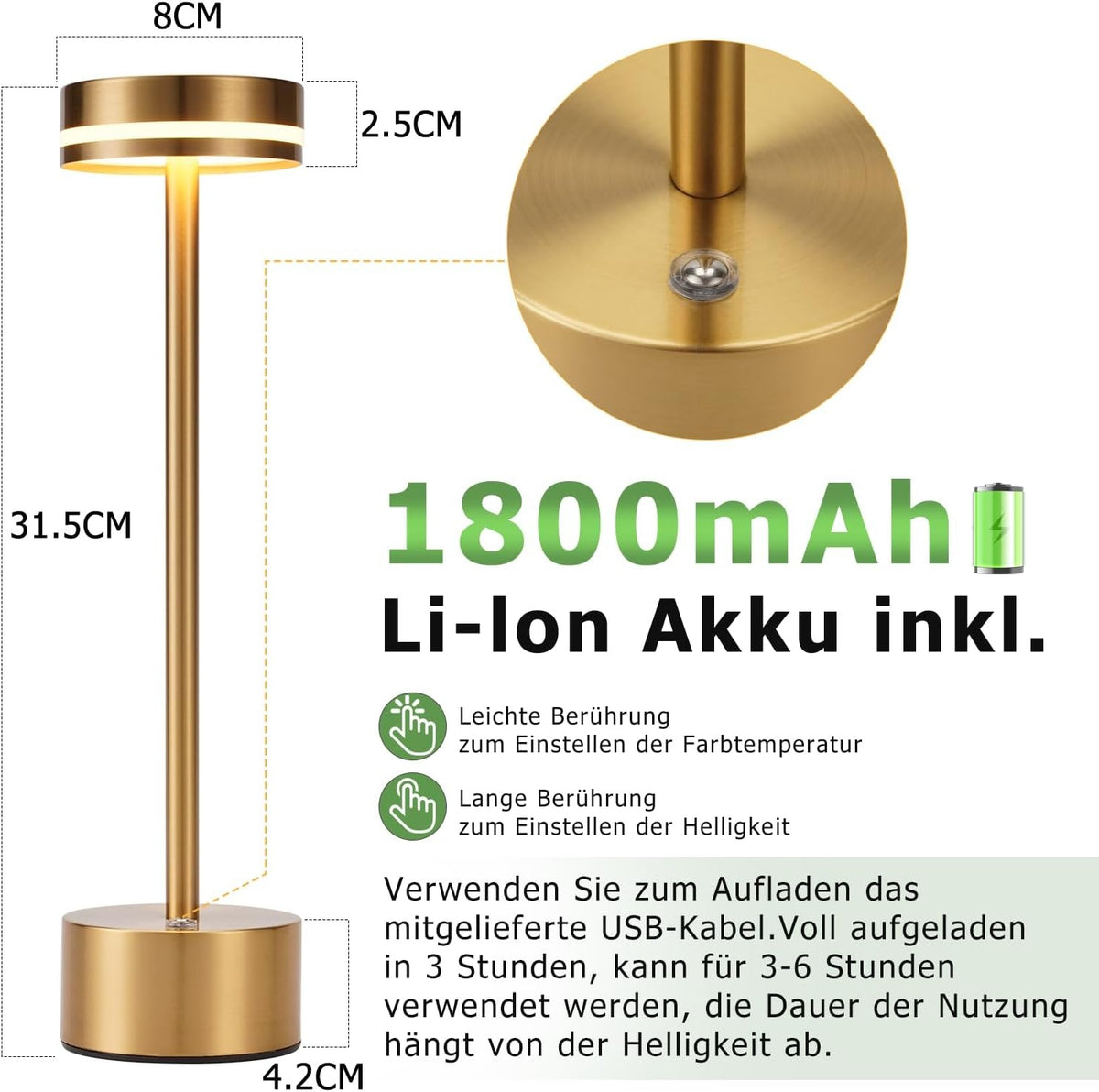 ZMH Tischlampe Akku LED Tischleuchte Kabellos - Nachttischlampe Dimmbare mit USB-C Aufladbar Batterie Touch Lampe Gold Tischlampen