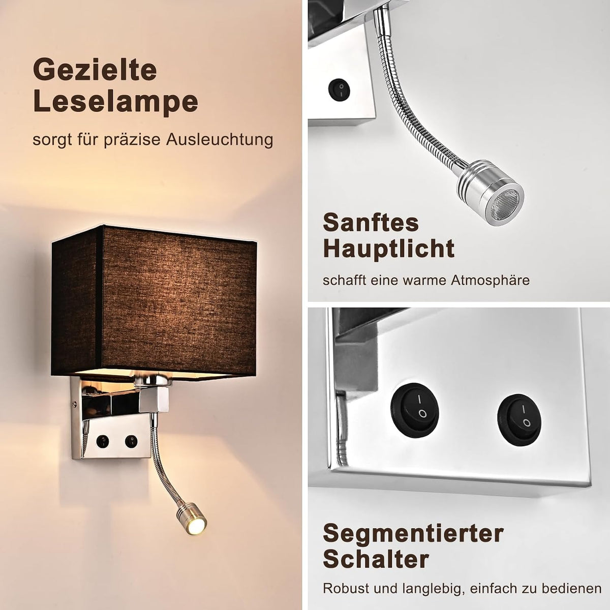 ZMH Wandlampe Innen Wandleuchte Schlafzimmer Schwarz Modern Wandstrahler