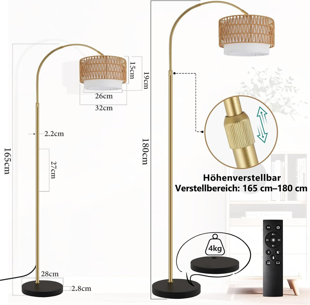 ZMH Gold Bogenlampe Wohnzimmer boho Stehlampe Rattan 3000K - 6500K