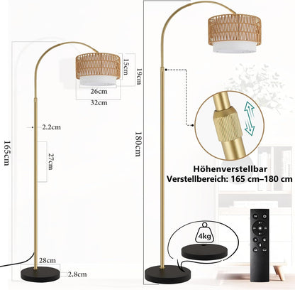ZMH Gold Bogenlampe Wohnzimmer boho Stehlampe Rattan 3000K - 6500K