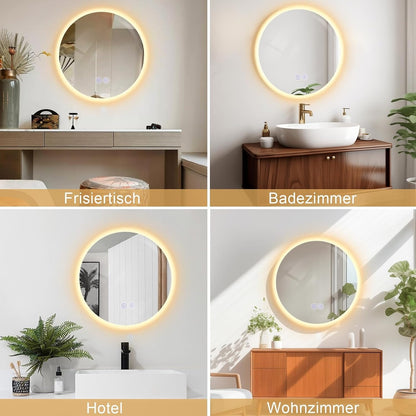 Badspiegel mit Beleuchtung Badezimmerspiegel Rund - Runder 50cm Bad Spiegel mit Beleuchtet LED Badezimmer Rundspiegel mit Licht Dimmbar Wandspiegel Touch-Schalter Entfogger-Funktion