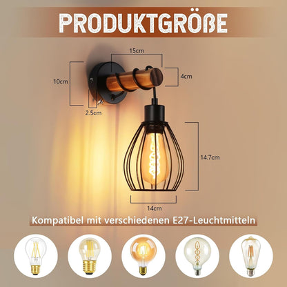 ZMH Wandleuchte mit Schalter Wandlampe Vintage: Holz Wandbeleuchtung Schwarz E27 industrial Wandstrahler aus Metall Retro Bettlampe für Wohnzimmer Schlafzimmer Flur Restaurant - Ohne Leuchtmittel