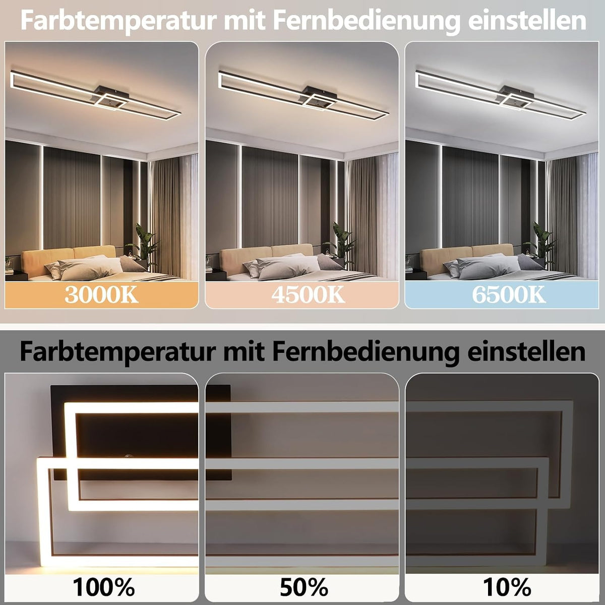 ZMH Deckenlampe LED Deckenleuchte Schlafzimmer- 2 Schwarz Rahmen Deckenbeleuchtung 102CM Modern Wohnzimmerlampe Dimmbar mit Fernbedienung Esszimmerlampe 36W Rechteckig Design für Küche Flur