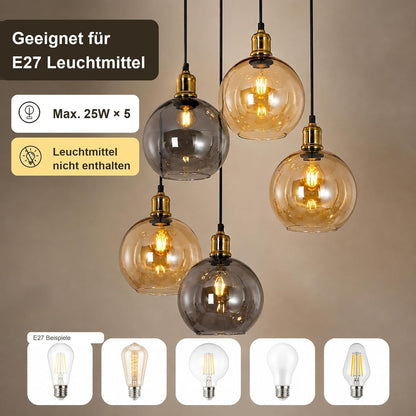 ZMH Pendelleuchte Esstisch Hängelampe Treppenhaus 5-Glaskugel 160cm o.LM