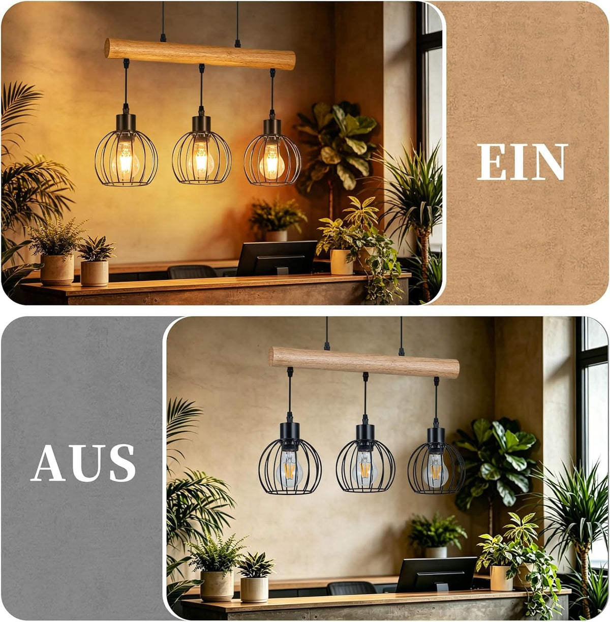 ZMH Pendelleuchte esstisch Holz Vintage E27 Hängelampe 3 flammig Industrial
