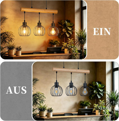 ZMH Pendelleuchte esstisch Holz Vintage E27 Hängelampe 3 flammig Industrial