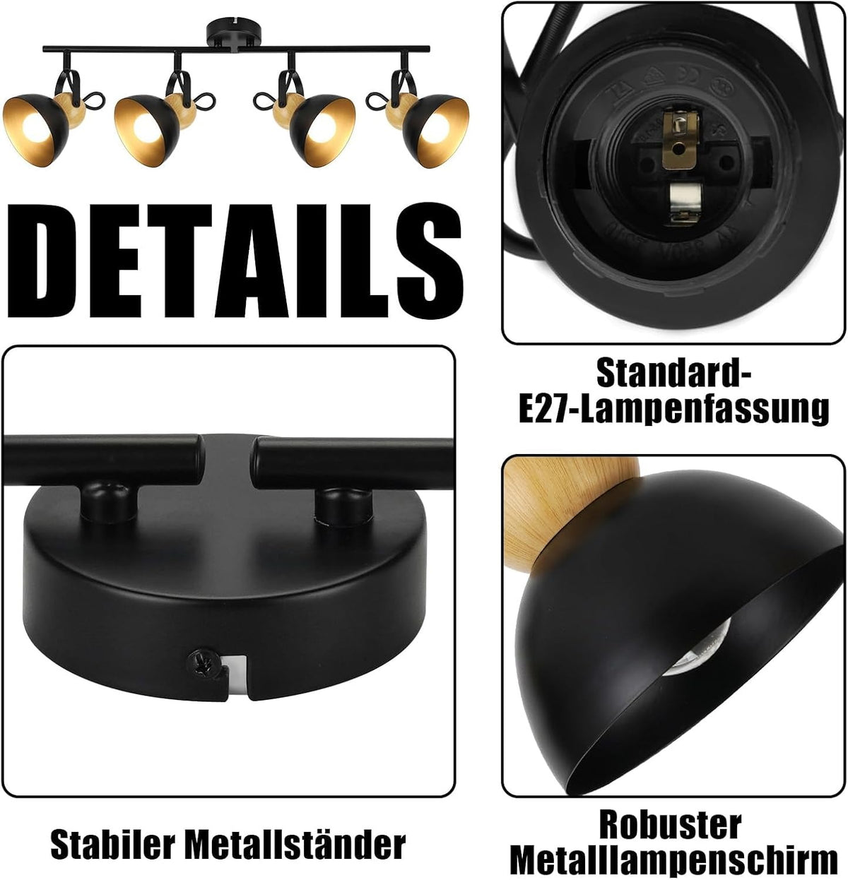 ZMH Deckenstrahler 4/1 Flammig Vintage Schwarz/Weiß E27 Deckenlampe Wohnzimmer