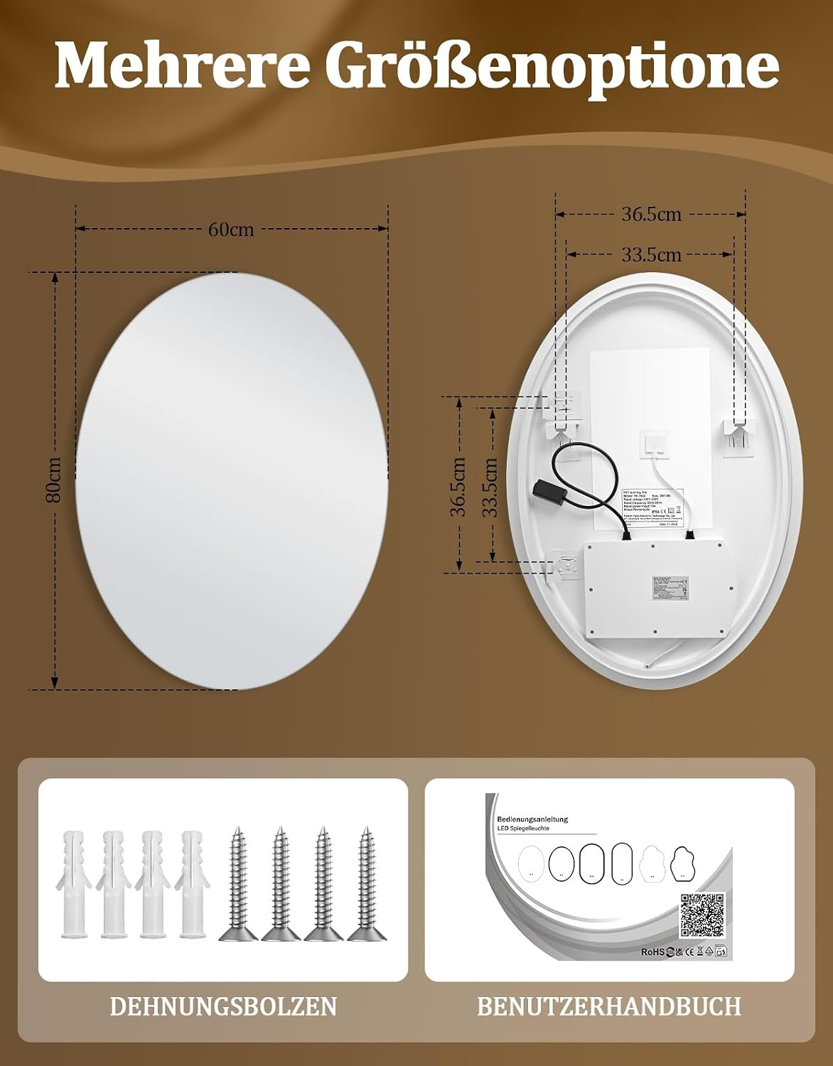ZMH Oval Badspiegel Mit Beleuchtung,60x80 cm LED Bad Wand Spiegel Ovale