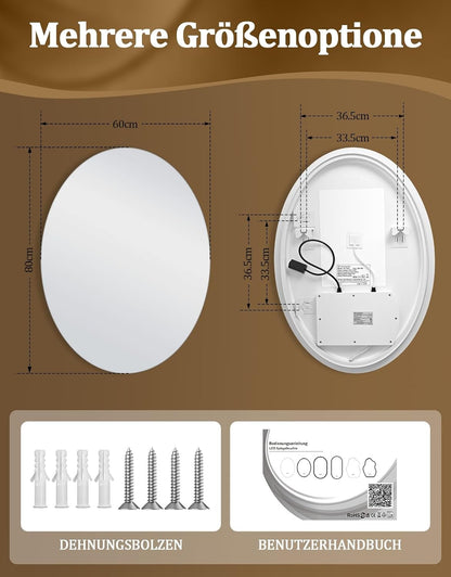 ZMH Oval Badspiegel Mit Beleuchtung,60x80 cm LED Bad Wand Spiegel Ovale